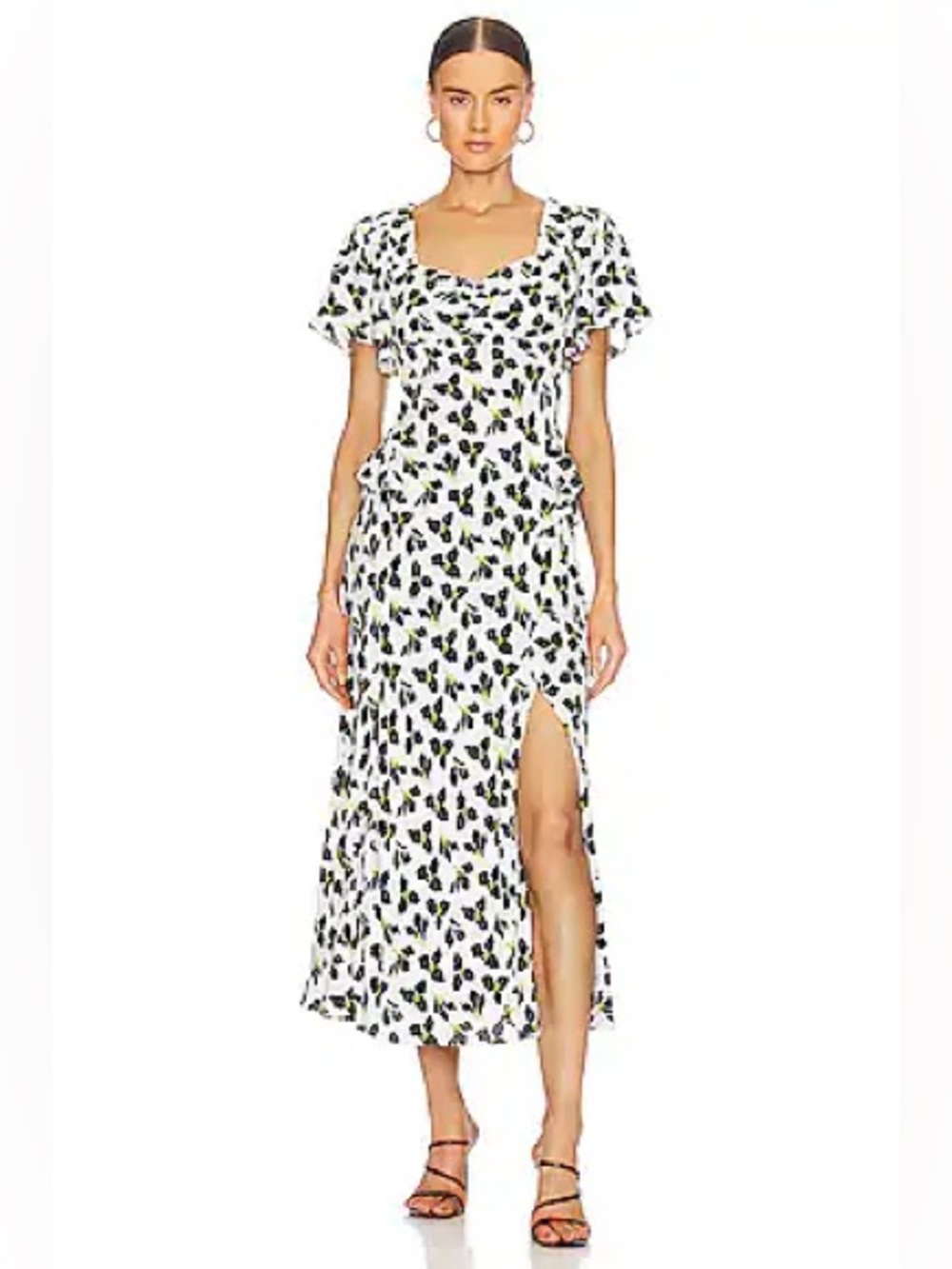 Diane Von Furstenberg White Midi Dress with Black and Yellow Floral Print